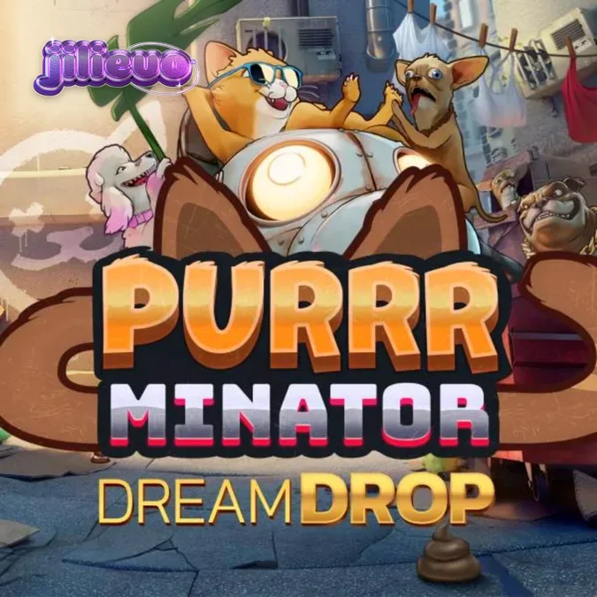 Purrrminator Dream Drop স্লট গেমের একটি দৃশ্য যেখানে রোবোটিক বিড়াল এবং সাইবারপাঙ্ক শহরের পরিবেশ দেখা যাচ্ছে